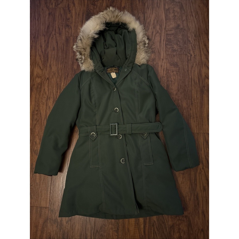 VNTG 70s Eddie Bauer Goose Down Jacket Women's M Green Belted Coyote Fur Hood